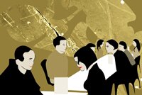 Illustration of a room full of tables, on each table two people are engaged in a conversation